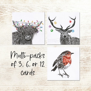 Mixed Christmas Card Pack | Stag | Highland Cow | Robin | Hand drawn prints | Christmas illustrations | Artist Xmas cards | Pack of 3