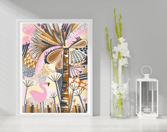 Flamingo Print | Abstract Tropical Wall Art | Pink Bird A3 Poster for Home or Nursery