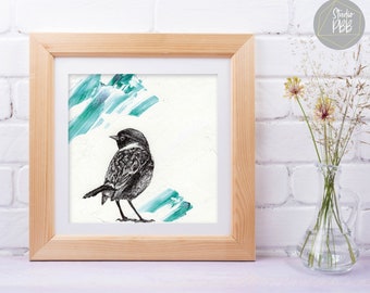 Stonechat bird wall art - Mounted Giclée art print