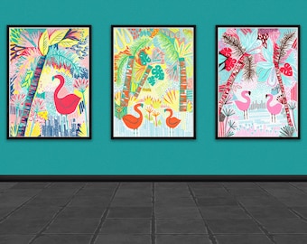 Set of 3 Tropical print set | Tropical flamingo Print | Jungle Wall art | exclusive artwork | Digital print | Tropical leaves | Colourful A3