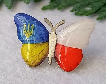 Schmetterlings-Anstecknadel Ukrainisch und Polen Flagge Silberfarbe Abzeichen Geschenk aus der Ukraine, Ukraine Polen Укрїnat UTа ПоLYща