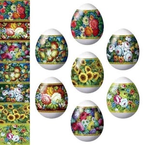May include: A collection of decorative Easter eggs with floral designs. Each egg features a white base, a colorful band of flowers, and a gold trim. The flowers include roses, sunflowers, and other blooms in various colors.