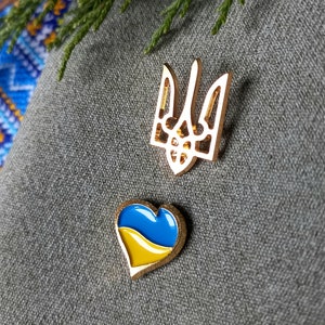 Set of 2 Ukrainian Lapel pins,  Trident, Heart Blue and Yellow Flag