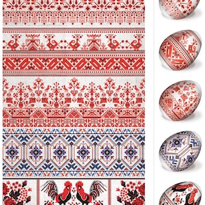 Op de afbeelding: Acht witte paaseieren versierd met traditionele Oekraïense volkskunstpatronen in rood, blauw en zwart. De patronen omvatten geometrische vormen, bloemen en vogels.