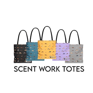 Scent Work Dog Pattern Tote Bag in Lavender, Yellow, Blue, Gray, Black