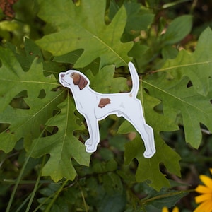 May include: A sticker of a dog, a pointer breed, is shown in profile. The dog is white with brown markings on its head and body. The sticker is placed on a bed of green leaves and grass, with a yellow flower in the background.