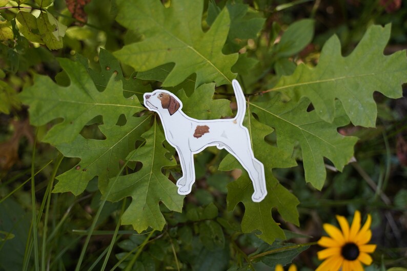 May include: A sticker of a dog, a pointer breed, is shown in profile. The dog is white with brown markings on its head and body. The sticker is placed on a bed of green leaves and grass, with a yellow flower in the background.