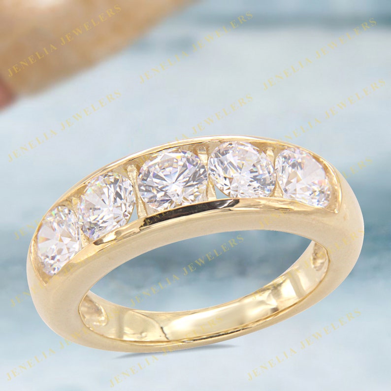 7.25 CT Classic Five Stone Round Cut Simulated Diamond Yellow Gold Finish Unisex Wedding BandAnniversary BandEngagement RingPromise Band