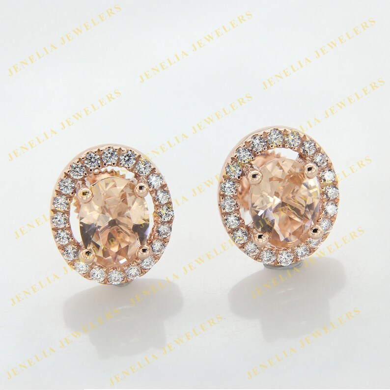 1.50 CT Synthetic Morganite Oval Cut Round Halo Simulated Diamond Rose Gold Finish Women/'s Stud EarringMinimalist earringMothers Day Gift