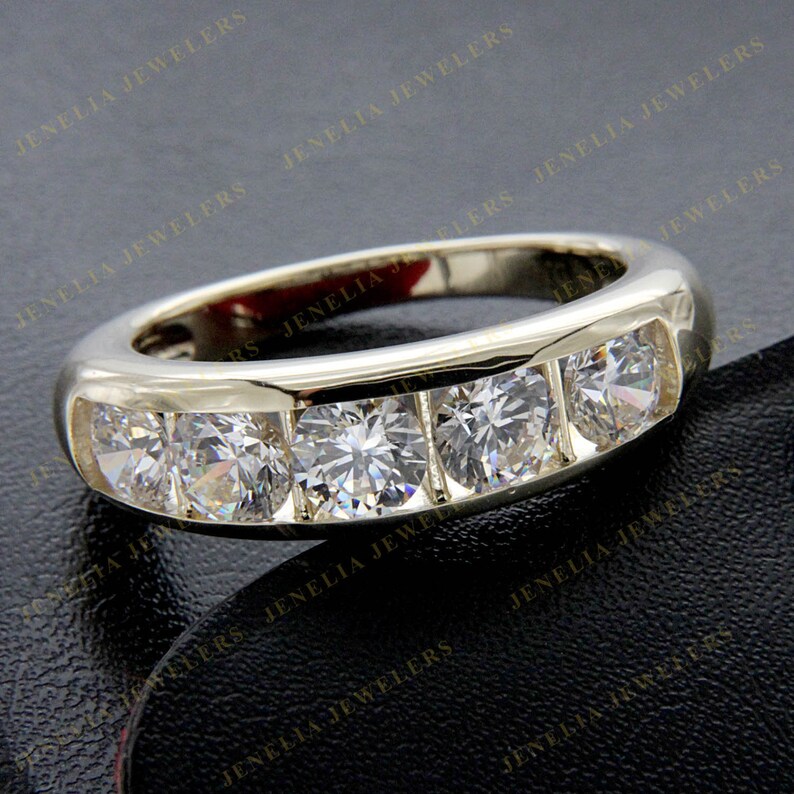 7.25 CT Classic Five Stone Round Cut Simulated Diamond Yellow Gold Finish Unisex Wedding BandAnniversary BandEngagement RingPromise Band