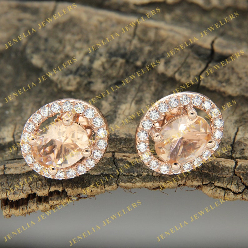 1.50 CT Synthetic Morganite Oval Cut Round Halo Simulated Diamond Rose Gold Finish Women/'s Stud EarringMinimalist earringMothers Day Gift