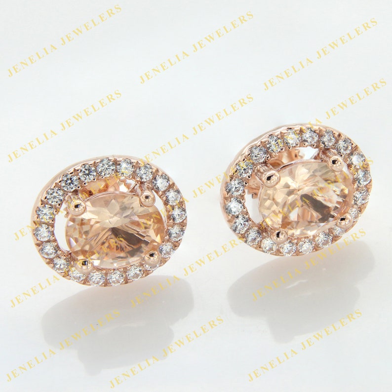 1.50 CT Synthetic Morganite Oval Cut Round Halo Simulated Diamond Rose Gold Finish Women/'s Stud EarringMinimalist earringMothers Day Gift