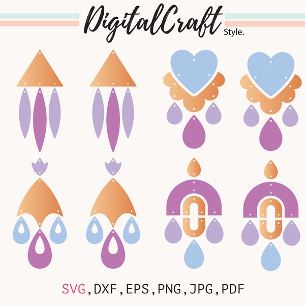 Earring SVG, Rainbow Earring SVG, Heart Earring Template SVG, LeatherEarrings, Silhouette Cut Files,Circuit Cut Files, Clay Earring Template