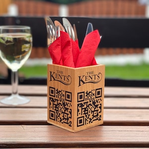 QR Code Solid Oak Cutlery Holder Branded Restaurant Cafe Bar Table