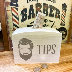 Barbers Shop Tips Tip Jar Wooden Money Box Reception Business Rustic Shabby Chic