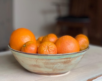Handmade Turquoise Ceramic Fruit, Salad Bowl: Rustic Stoneware Pottery