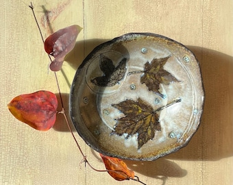 Handmade Ceramic Serving Bowl, Leaf Stamped, Hand Painted Foliage Art (7" Wide)