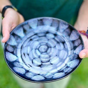 Handmade Ceramic Fruit Bowl: Drippy Blue Glaze Pottery, 8.25&quot; W