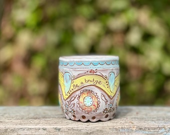 Hand Carved Stoneware Mug with dimple, "Be A Bridge" Saying, Rustic Dark Clay Pottery