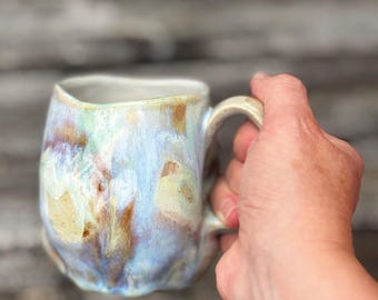 Sculptural Ceramic Mug, Ocean Drippy Glaze, Wheel Thrown Pottery, Blue Turquoise Handmade Mug, Gift for Coffee Lover
