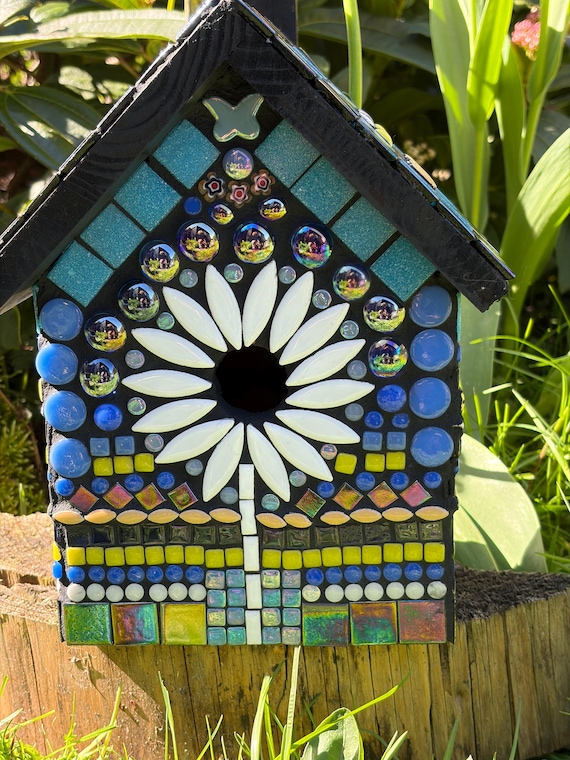 Mosaic Bird House decorated garden ornament