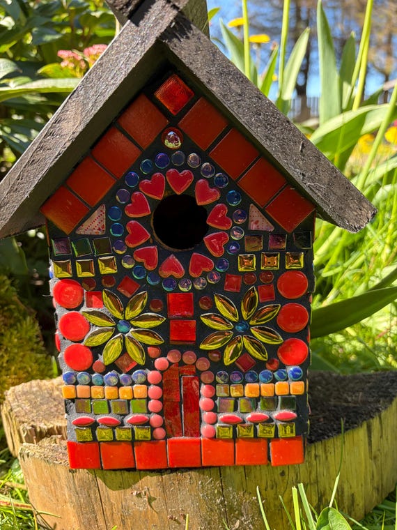 Mosaic Bird House decorated garden ornament
