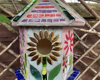 Mosaic Bird House decorated garden ornament