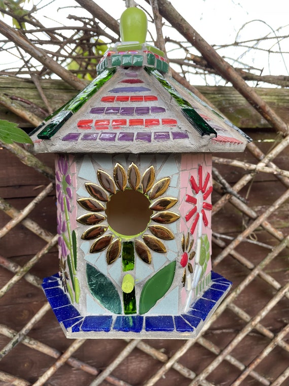 Mosaic Bird House decorated garden ornament