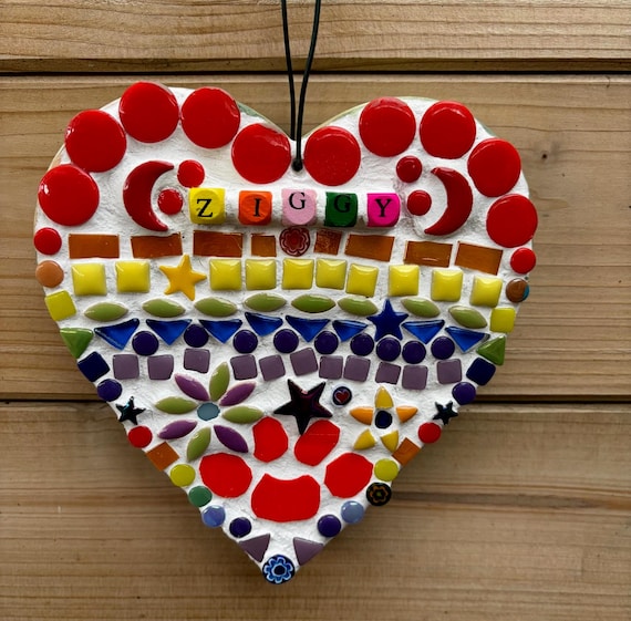 Memorial Wooden Mosaic Heart Crossing the Rainbow Bridge Pet Memory