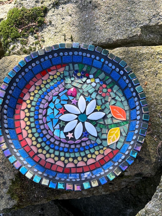 Bird Bath Mosaic Handmade Rainbow with Daisy Design