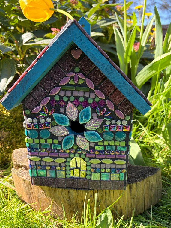 Mosaic Bird House decorated garden ornament