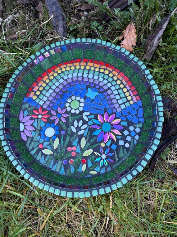 Bird Bath Mosaic Handmade Rainbow Spring Flowers Design