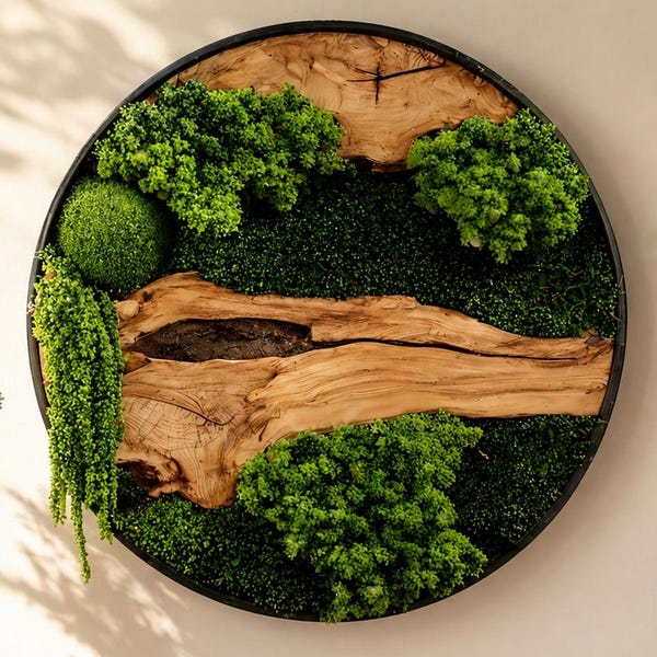 Natural Moss and Wood Wall Art, Real Plant Wall Decor, Living Wall Art