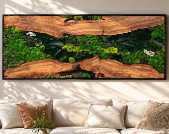 Preserved Moss Wall Hanging, Moss and Wood Decor, Christmas Gift for Couple, Natural Wood Decorations Large