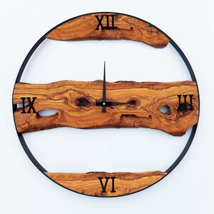 Reloj de madera, reloj de pared de metal y madera de olivo, relojes de pared de gran tamaño, regalo de inauguración de la casa, decoración de pared