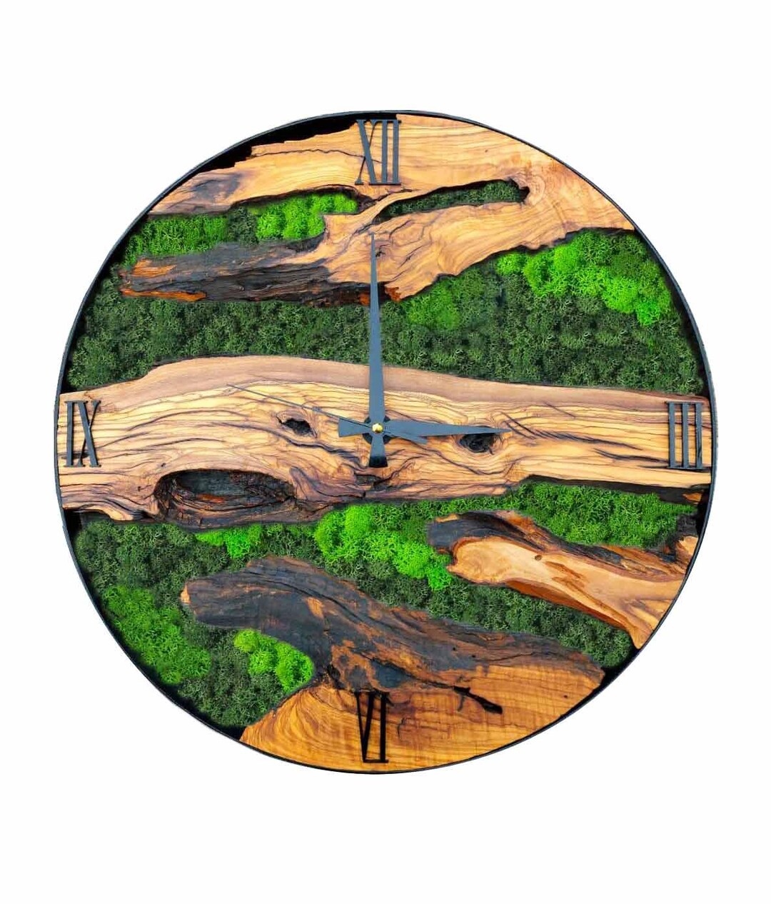 Handmade Wall Clock With Olive Wood and Moss – Minimalist Eco Decor ...