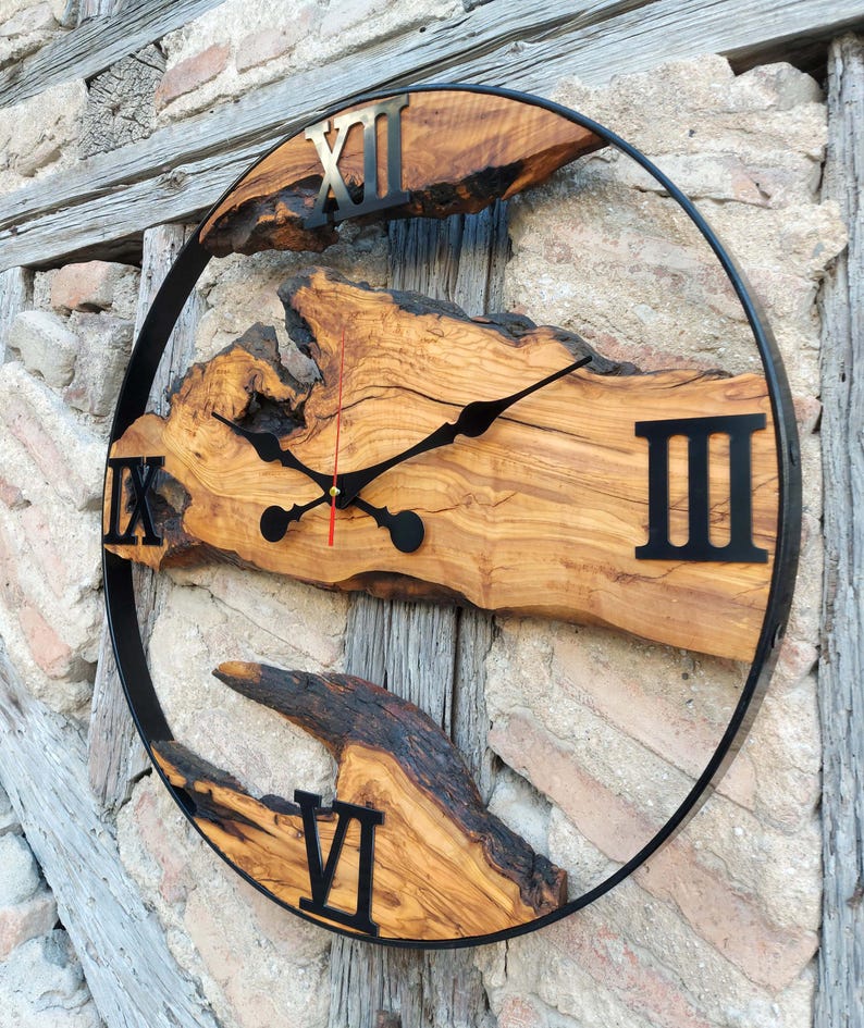 Made to Order Olive Wood Wall Clock With Metal Frame, Rustic Minimalist ...