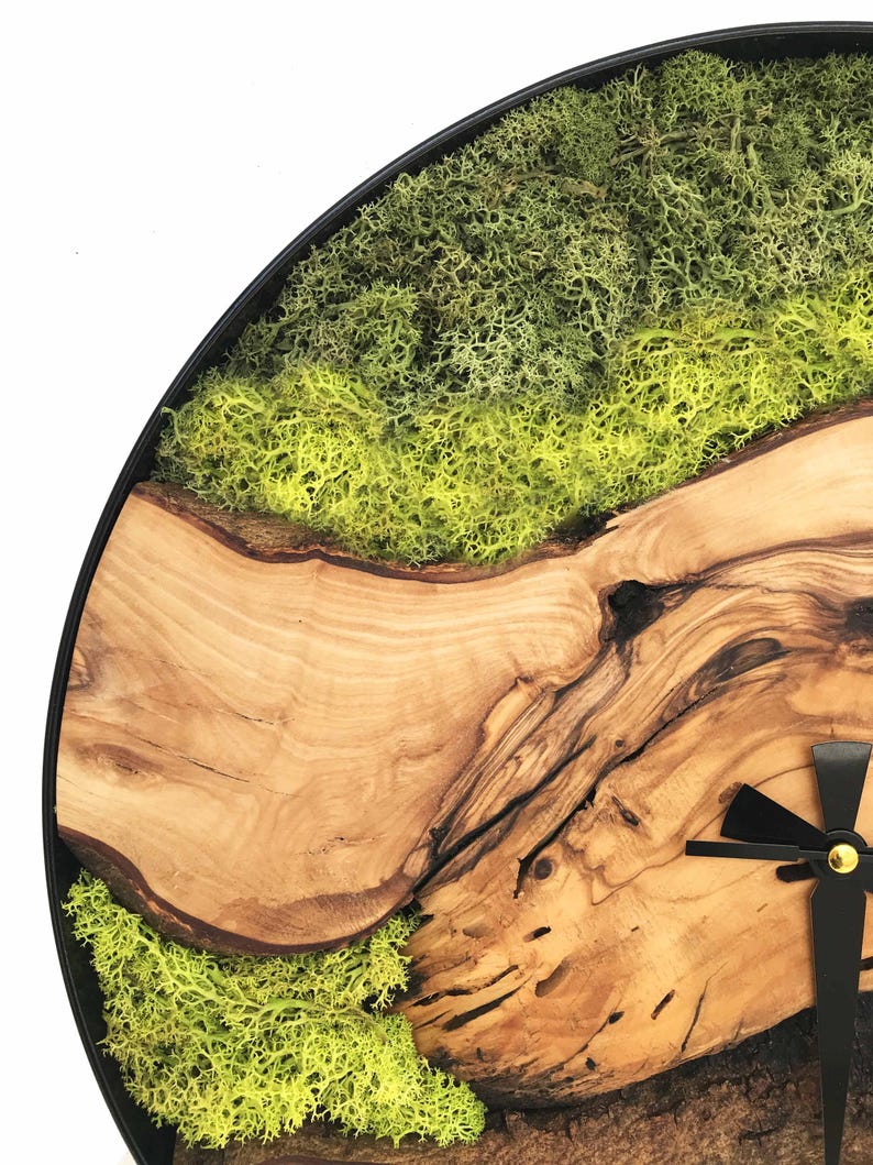 Wood and Moss Wall Clock Unique Natural Decor Rustic Wooden Clock With ...
