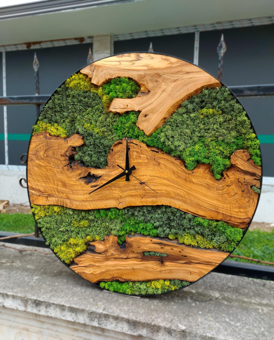 Natural Olive Wood Wall Clock With Moss, Modern Scandinavian Design ...