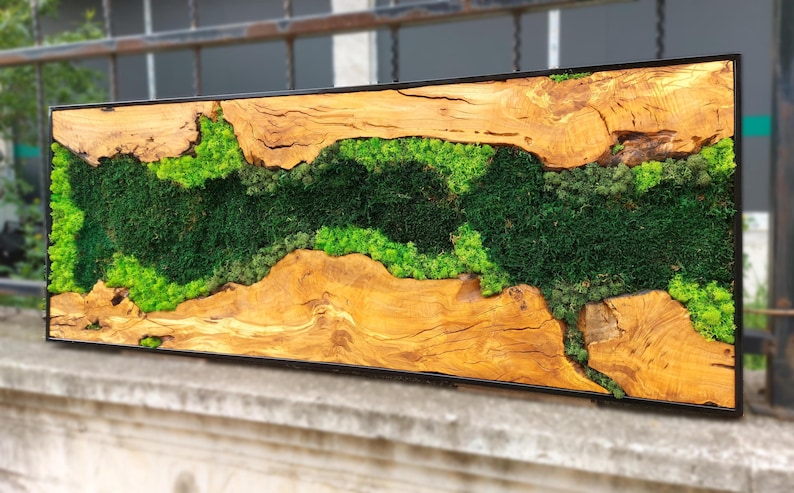 Horizontal Moss Wall Art, Preserved Moss and Natural Wood Decor, Framed ...