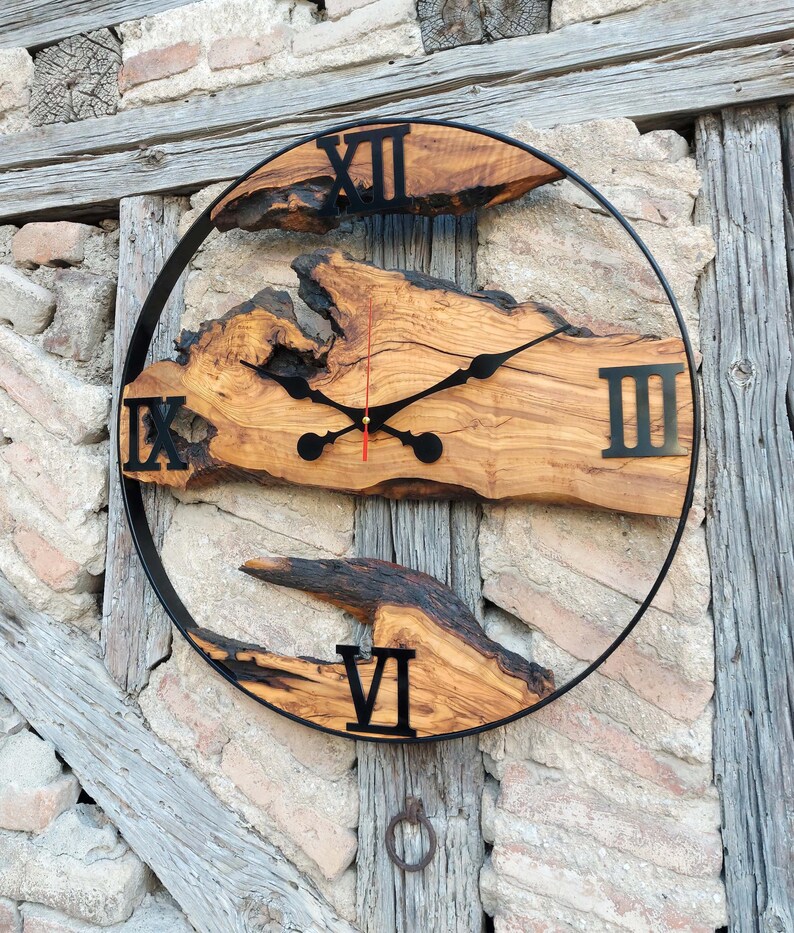 Made to Order Olive Wood Wall Clock With Metal Frame, Rustic Minimalist ...