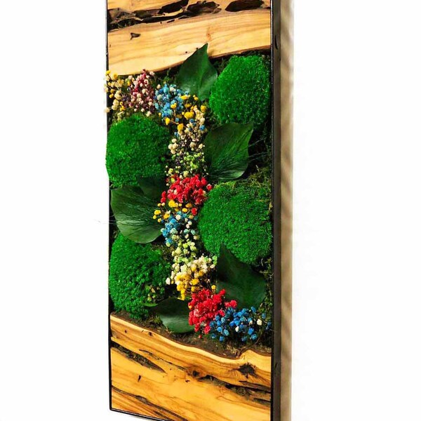 Vertical moss wall art with flowers, Preserved moss art, Succulent wall art