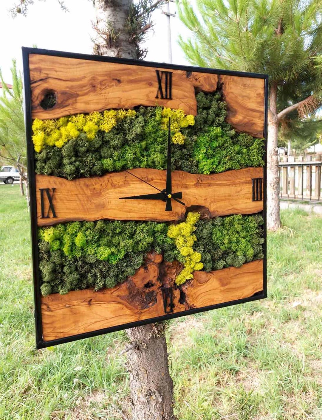 Olive Wood Moss Wall Clock 20*20 Inch, Preserved Moss Art Framing, Wood ...