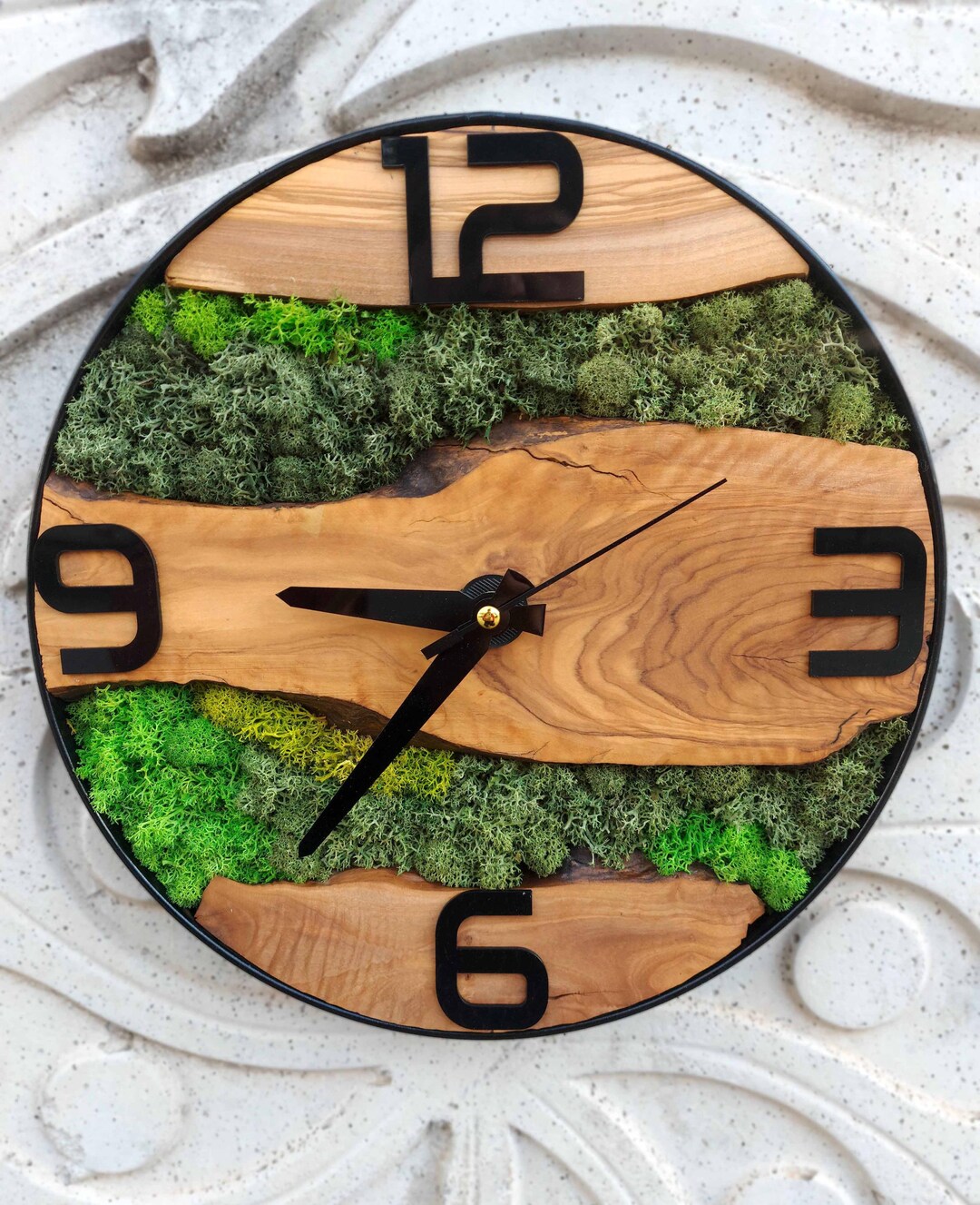 Botanical Moss Wall Clock – Olive Wood Art With Silent Mechanism ...