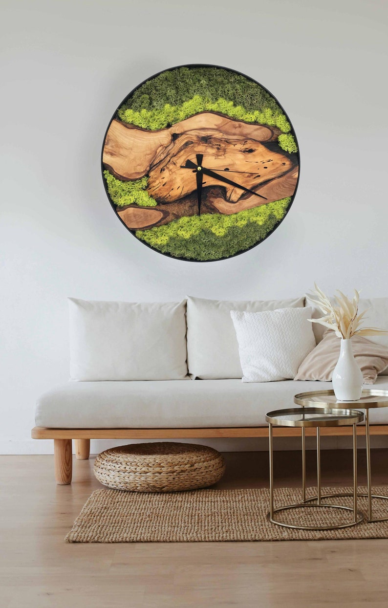 Wood and Moss Wall Clock Unique Natural Decor Rustic Wooden Clock With ...