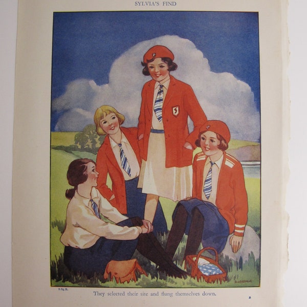 Vintage print 'Sylvia's Find' 1930s print of schoolgirls in a field - school uniform. Art Deco era