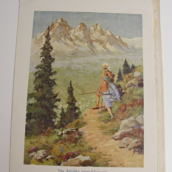 Vintage print 'The Aiguilles above Chamonix' 1930s print from a painting by Frances E Hiley. Two women in the mountains