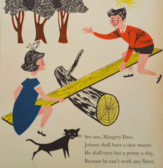 Vintage print - See saw, Margery Daw, from a 1963 children's book - nursery print. Lovely graphic illustration