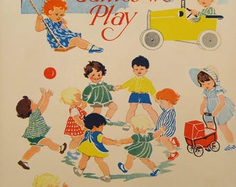 Vintage print - Games We Play, from a 1930s children's book - nursery print. Toddlers playing illustration - nursery decor