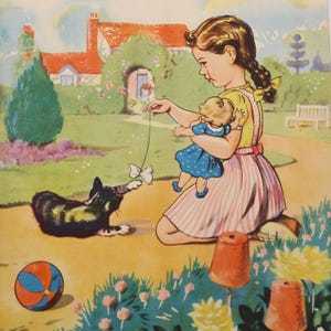 Vintage print - A girl playing with her kitten in an English country garden, from a 1950s children&#39;s book - nursery print